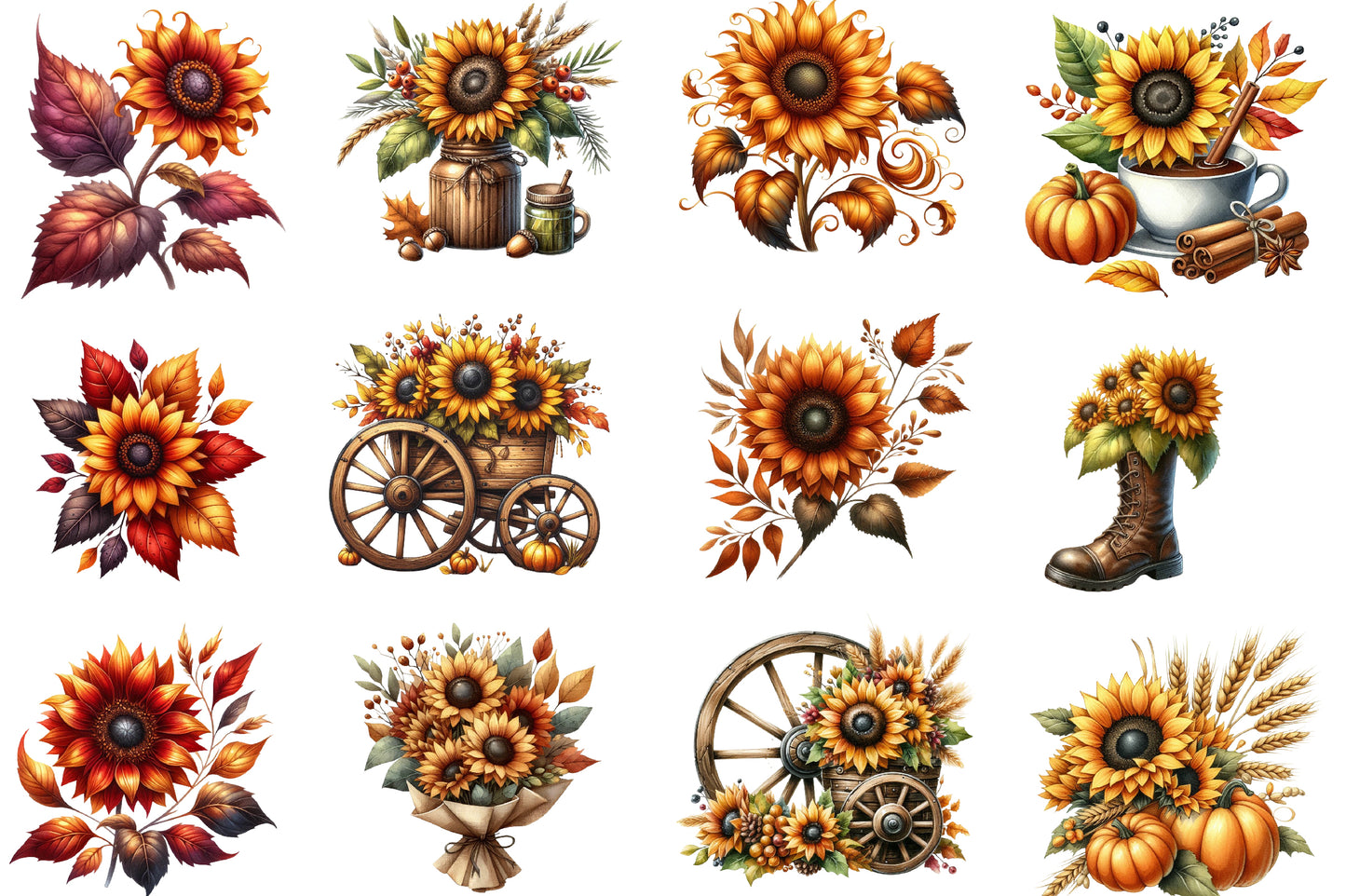 Sunflower Autumn Watercolor Clipart PNG Bundle | Fall Sunflower PNG | Autumn Floral Sublimation