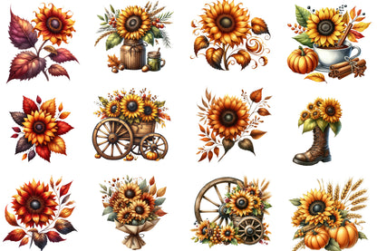 Sunflower Autumn Watercolor Clipart PNG Bundle | Fall Sunflower PNG | Autumn Floral Sublimation