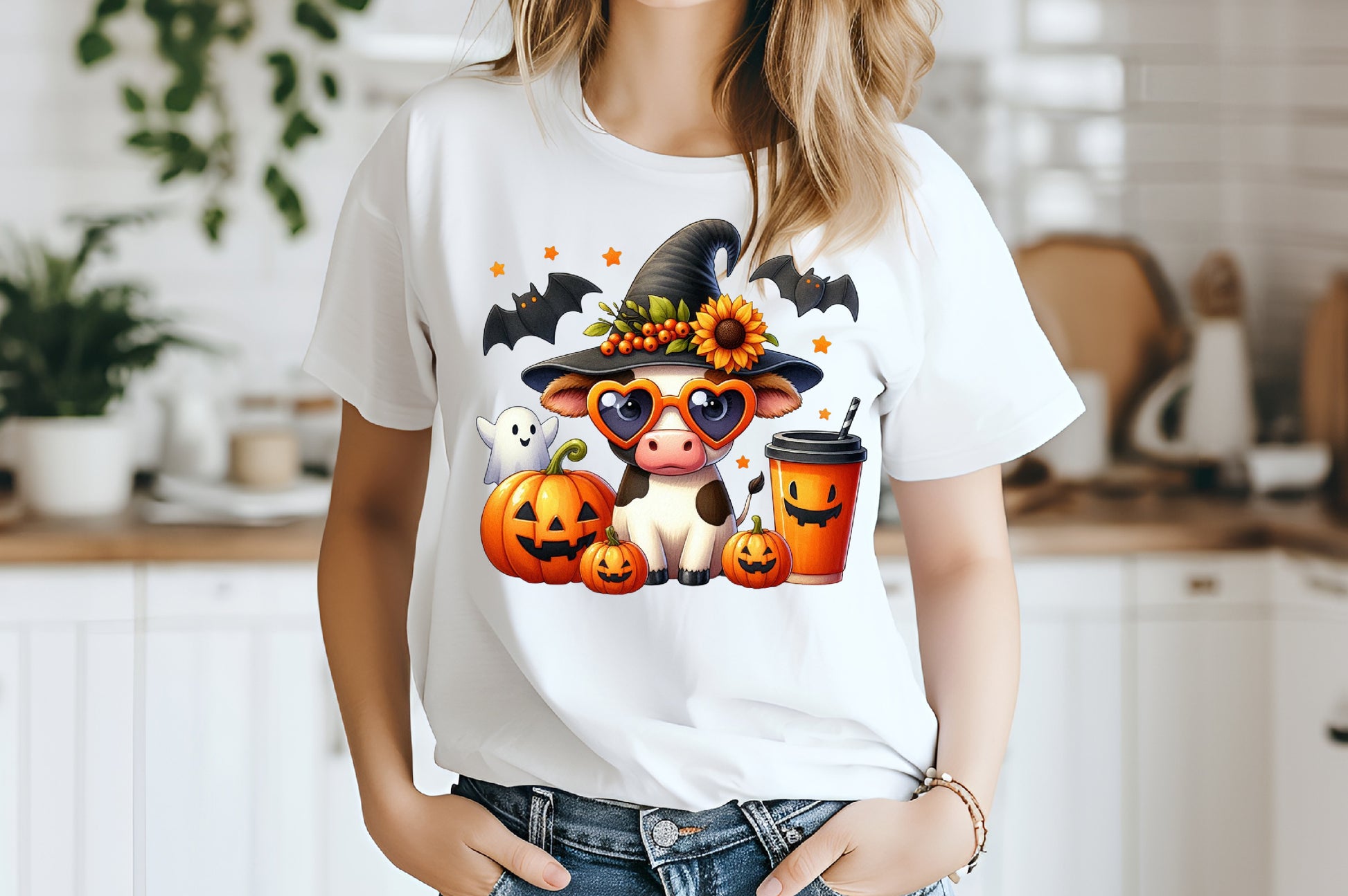 Cute Halloween Cow PNG Witch Hat Pumpkin Coffee Spooky Sublimation