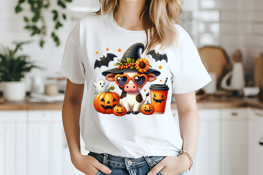 Cute Halloween Cow PNG Witch Hat Pumpkin Coffee Spooky Sublimation