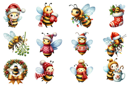 Christmas Bee Clipart PNG Bundle | Watercolor Cute Christmas Bee Clipart | Festive Holiday Bee PNG