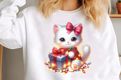 Watercolor Christmas Funny Cat PNG Bundle Cute Holiday Cat Clipart