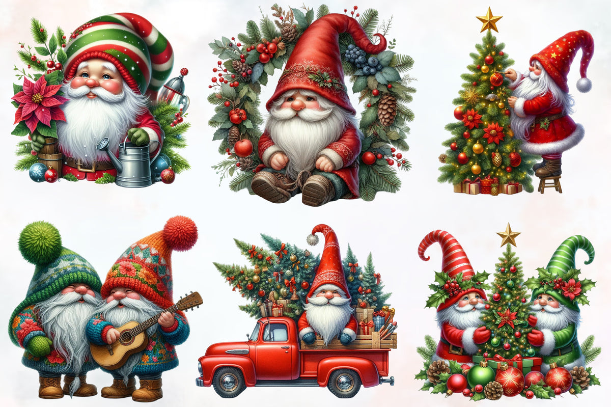 14 Christmas Gnomes PNG Clipart Bundle Watercolor Holiday Gnome Sublimation