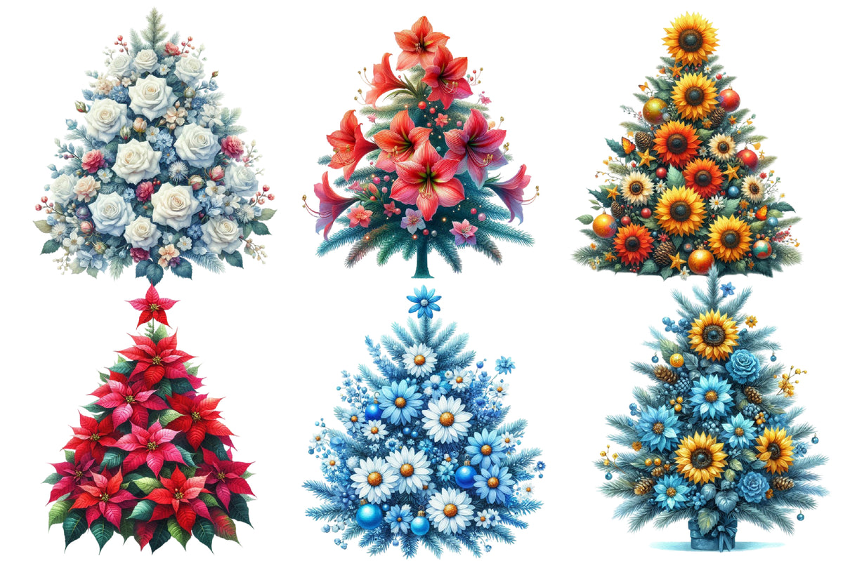 Watercolor Floral Christmas Tree PNG Bundle 16 Christmas Tree Clipart