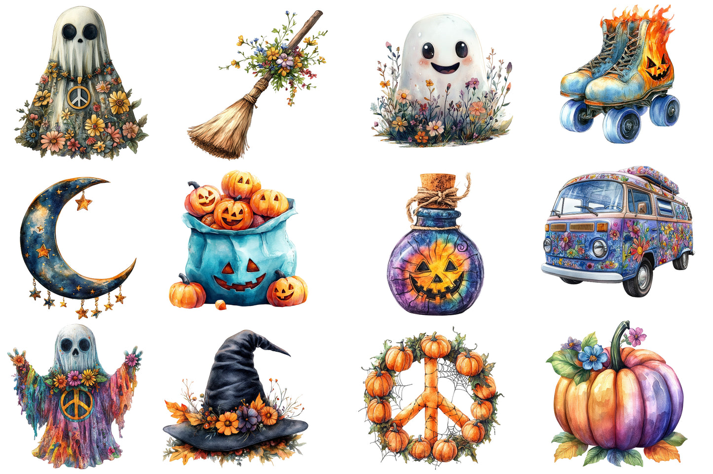 Groovy Halloween Clipart PNG Bundle | Retro Halloween Clipart, Vintage Halloween PNG