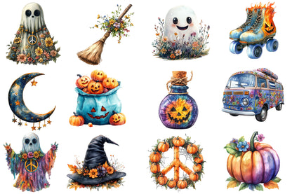 Groovy Halloween Clipart PNG Bundle | Retro Halloween Clipart, Vintage Halloween PNG