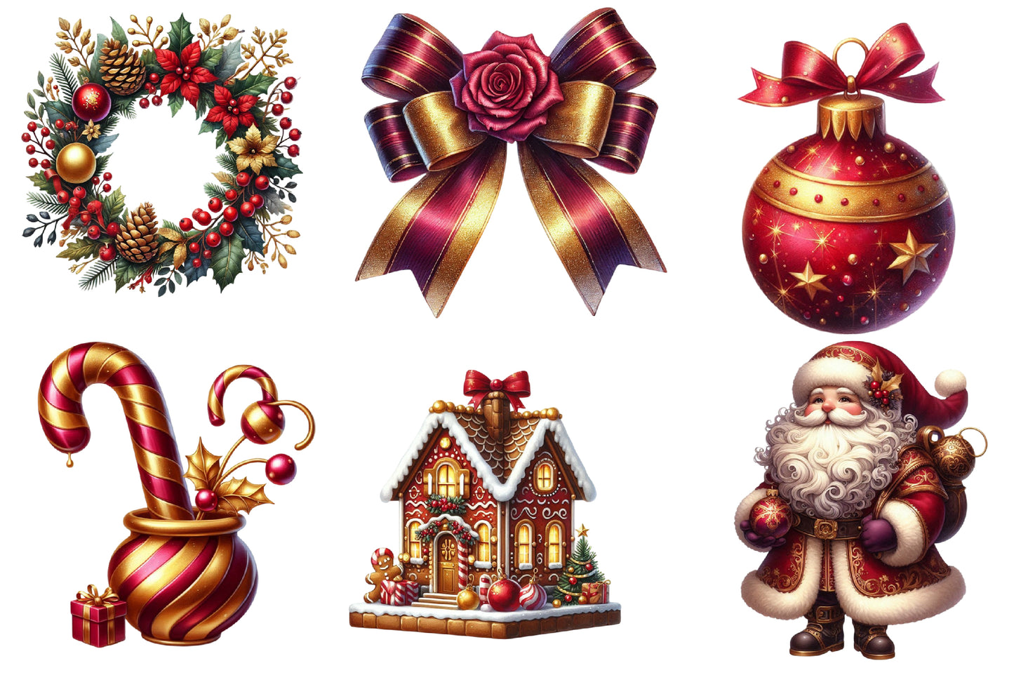Burgundy and Gold Christmas Clipart PNG Bundle | Santa, Ornaments, Gifts, Deer & Elegant Holiday Designs