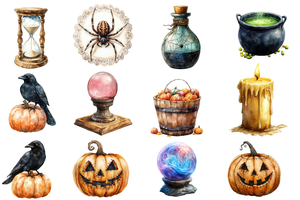 Vintage Halloween Clipart PNG Bundle | Retro Pumpkin, Witch, Ghost, Black Cat, Bat & Haunted House | Spooky Sublimation
