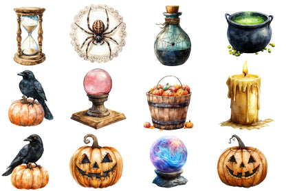 Vintage Halloween Clipart PNG Bundle | Retro Pumpkin, Witch, Ghost, Black Cat, Bat & Haunted House | Spooky Sublimation