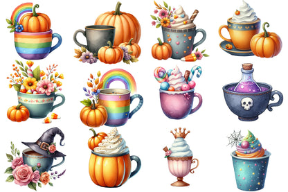 Halloween Drinks Cuties Clipart PNG | Cute Halloween Coffee Cup, Pumpkin Latte & Hot Cocoa Clipart,