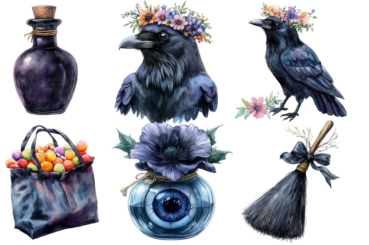 Halloween Clipart PNG Bundle | Witch Cat, Raven, Ghost, Bat, Haunted House & Pumpkin PNG