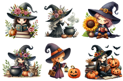 Halloween Witch PNG Bundle | Cute Witch Clipart, Floral Witch, Pumpkin & Black Cat