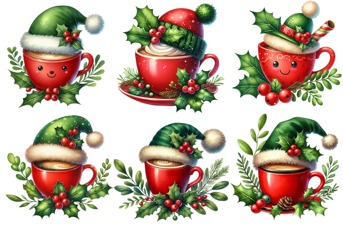 Christmas Coffee Cup Clipart PNG Bundle | Red Coffee Mugs, Santa Hats, Holly Berry & Festive Winter Coffee Designs