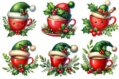 Christmas Coffee Cup Clipart PNG Bundle | Red Coffee Mugs, Santa Hats, Holly Berry & Festive Winter Coffee Designs