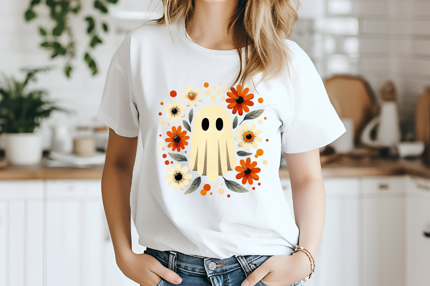 Cute Ghost Flower Halloween PNG Autumn Floral Sublimation Design