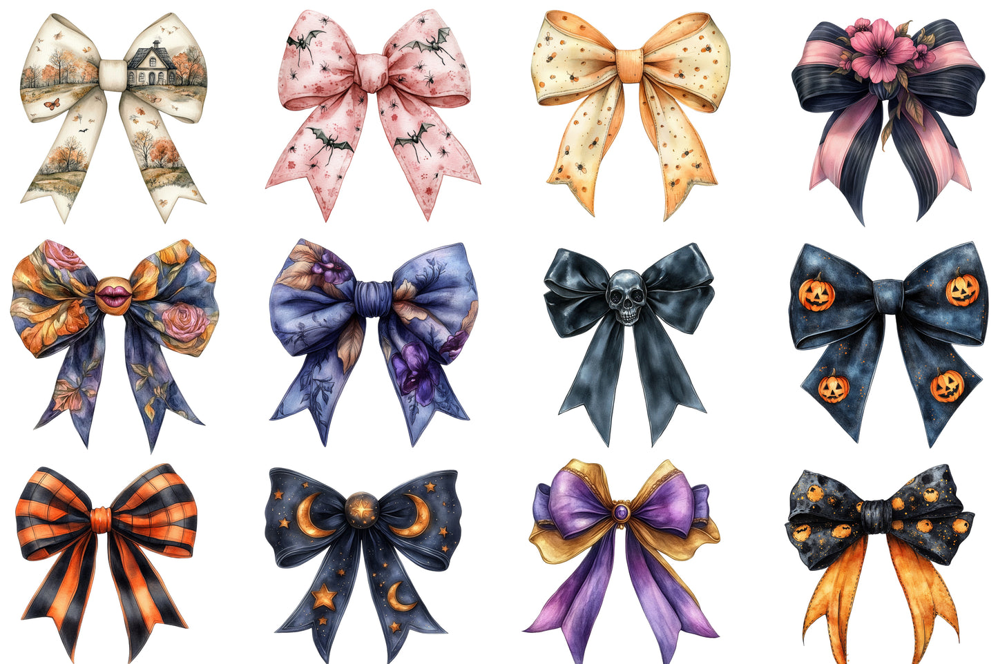 Halloween Coquette Bow Clipart PNG Bundle | Cute Halloween Bows PNG, Spooky Ribbon Clipart,