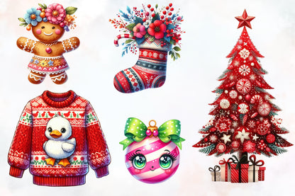 16 Christmas Clipart PNG Bundle Watercolor Holiday Bow Ornament Sweater Gingerbread