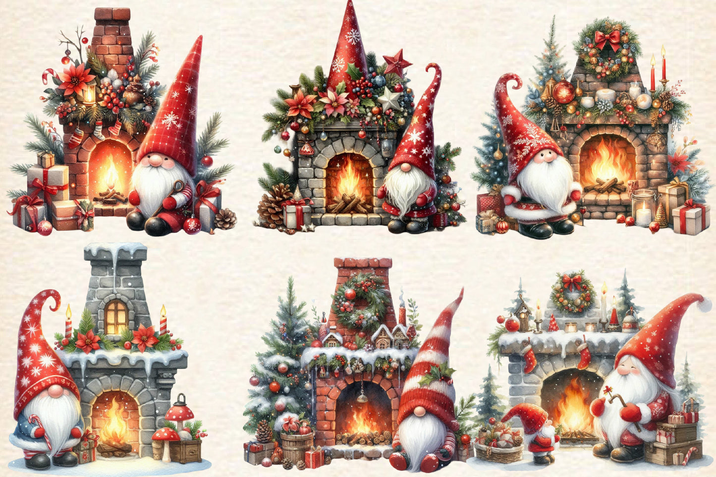 Christmas Gnome Fireplace PNG Bundle | Watercolor Christmas Gnomes, Fireplace & Holiday Mantel Clipart