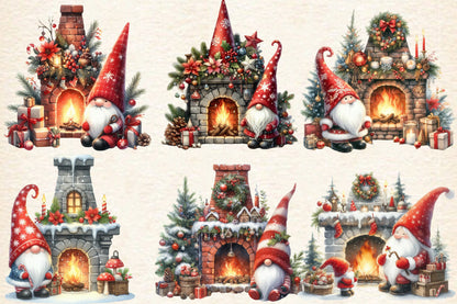 Christmas Gnome Fireplace PNG Bundle | Watercolor Christmas Gnomes, Fireplace & Holiday Mantel Clipart