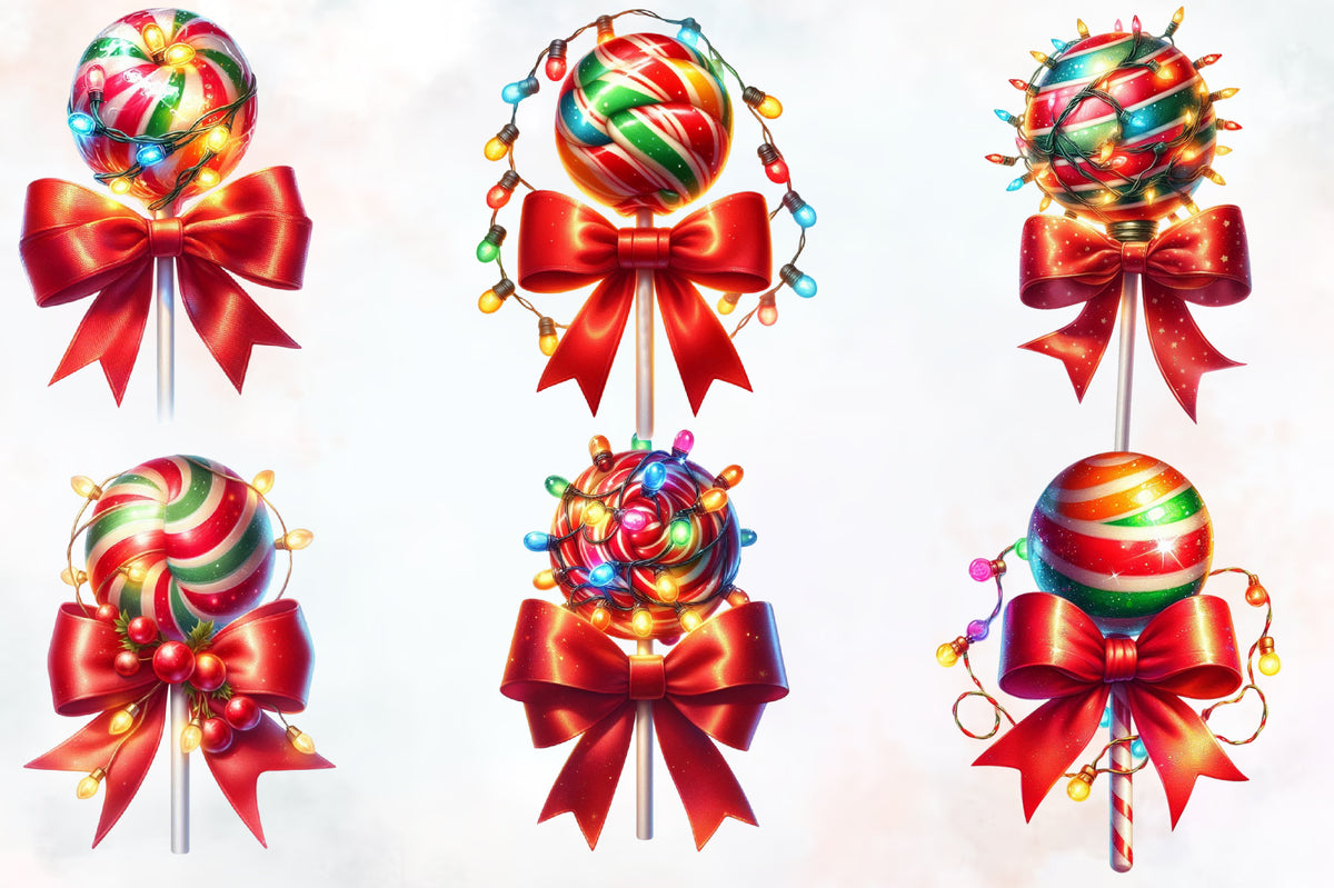 18 Christmas Candy Lollipop PNG Clipart Bundle Watercolor Red Bow Holiday