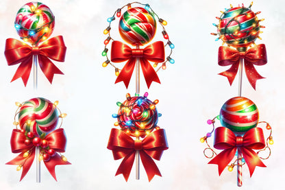 18 Christmas Candy Lollipop PNG Clipart Bundle Watercolor Red Bow Holiday