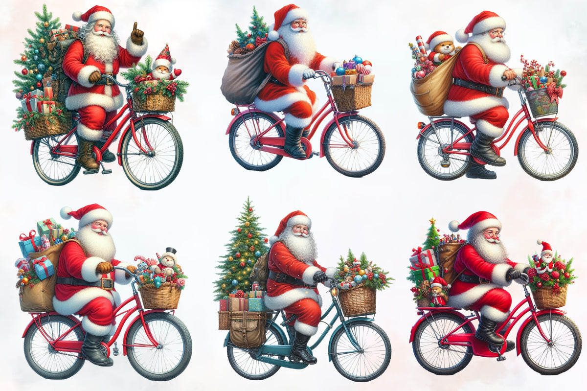 18 Christmas Santa Bicycle PNG Clipart Bundle Watercolor Santa Claus Bike Holiday
