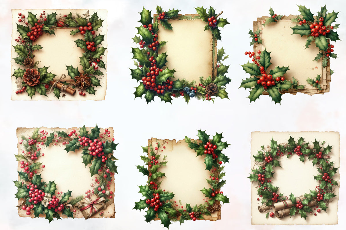 24 Christmas Holly Frame PNG Aged Paper Watercolor Clipart Bundle