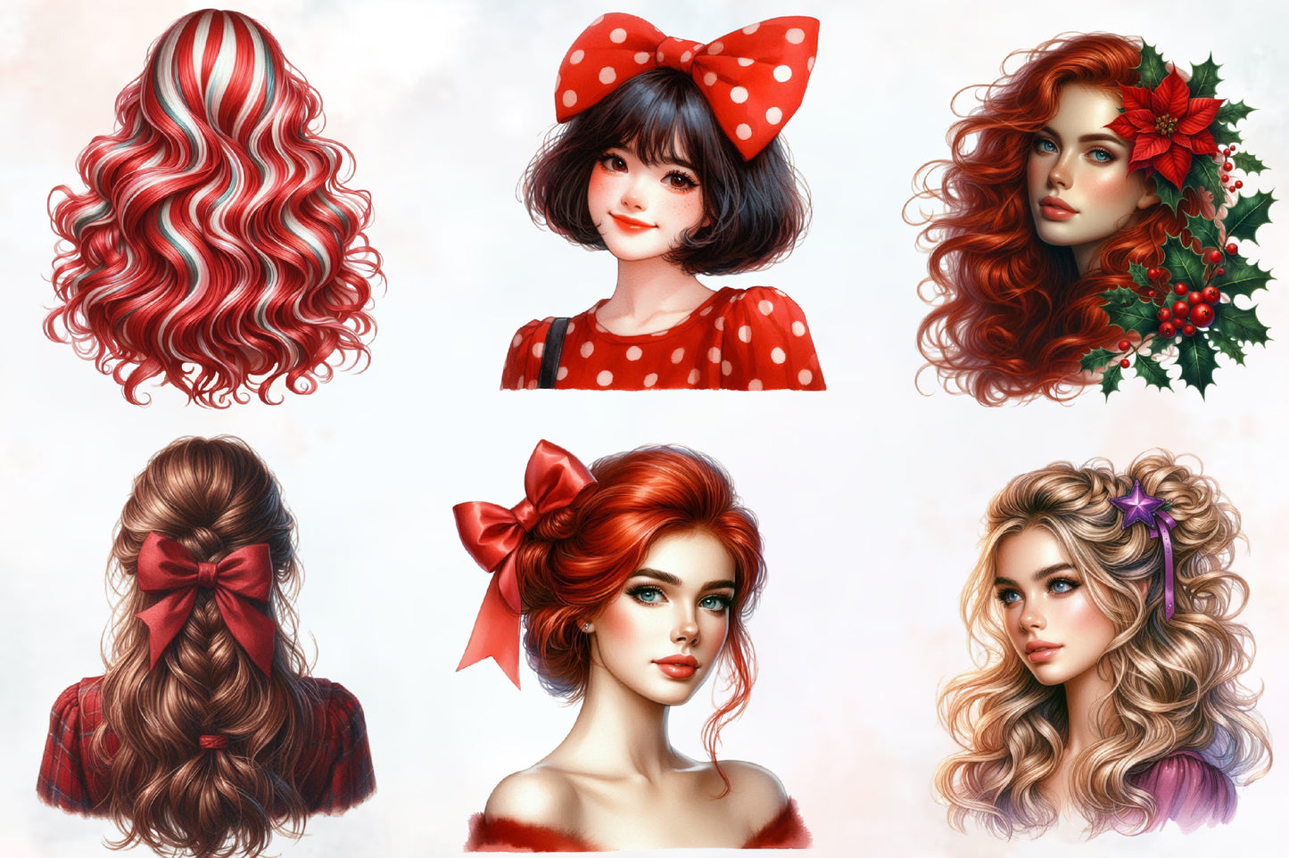 Christmas Girl Hairstyle PNG Clipart Bundle | Watercolor Christmas Women, Santa Hat, Bows & Festive Hair Designs
