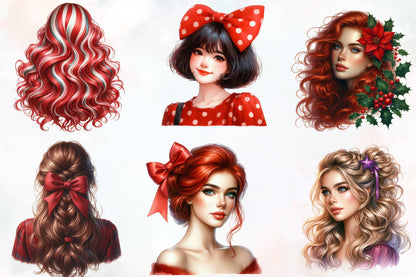 Christmas Girl Hairstyle PNG Clipart Bundle | Watercolor Christmas Women, Santa Hat, Bows & Festive Hair Designs