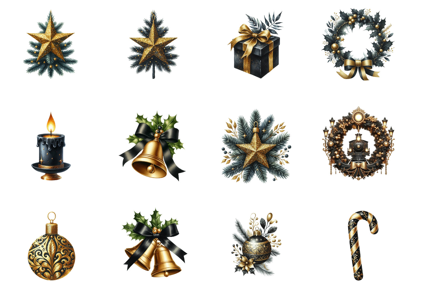 Luxury Black Christmas Watercolor Clipart PNG Bundle | Black Gold Christmas Clipart | Elegant Luxury Holiday Sublimation PNG