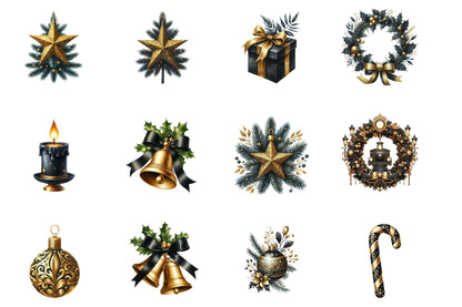 Luxury Black Christmas Watercolor Clipart PNG Bundle | Black Gold Christmas Clipart | Elegant Luxury Holiday Sublimation PNG