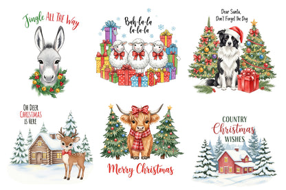 Christmas Farmhouse Watercolor Clipart PNG Bundle | Country Christmas Clipart | Farmhouse Holiday Sublimation