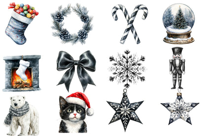 Black and White Christmas Clipart PNG Bundle | Elegant Monochrome Holiday Watercolor Clipart | Minimalist Christmas PNG