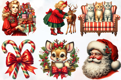 Vintage Christmas Clipart PNG Bundle | Santa, Snowman, Deer, Girl, Cat, Sleigh & Retro Holiday Designs