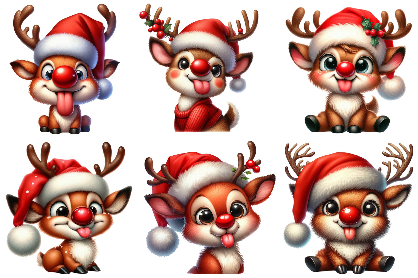 Watercolor Funny Reindeer Clipart PNG Bundle | Cute Christmas Reindeer, Rudolph & Holiday Characters