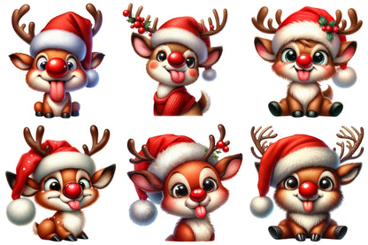 Watercolor Funny Reindeer Clipart PNG Bundle | Cute Christmas Reindeer, Rudolph & Holiday Characters