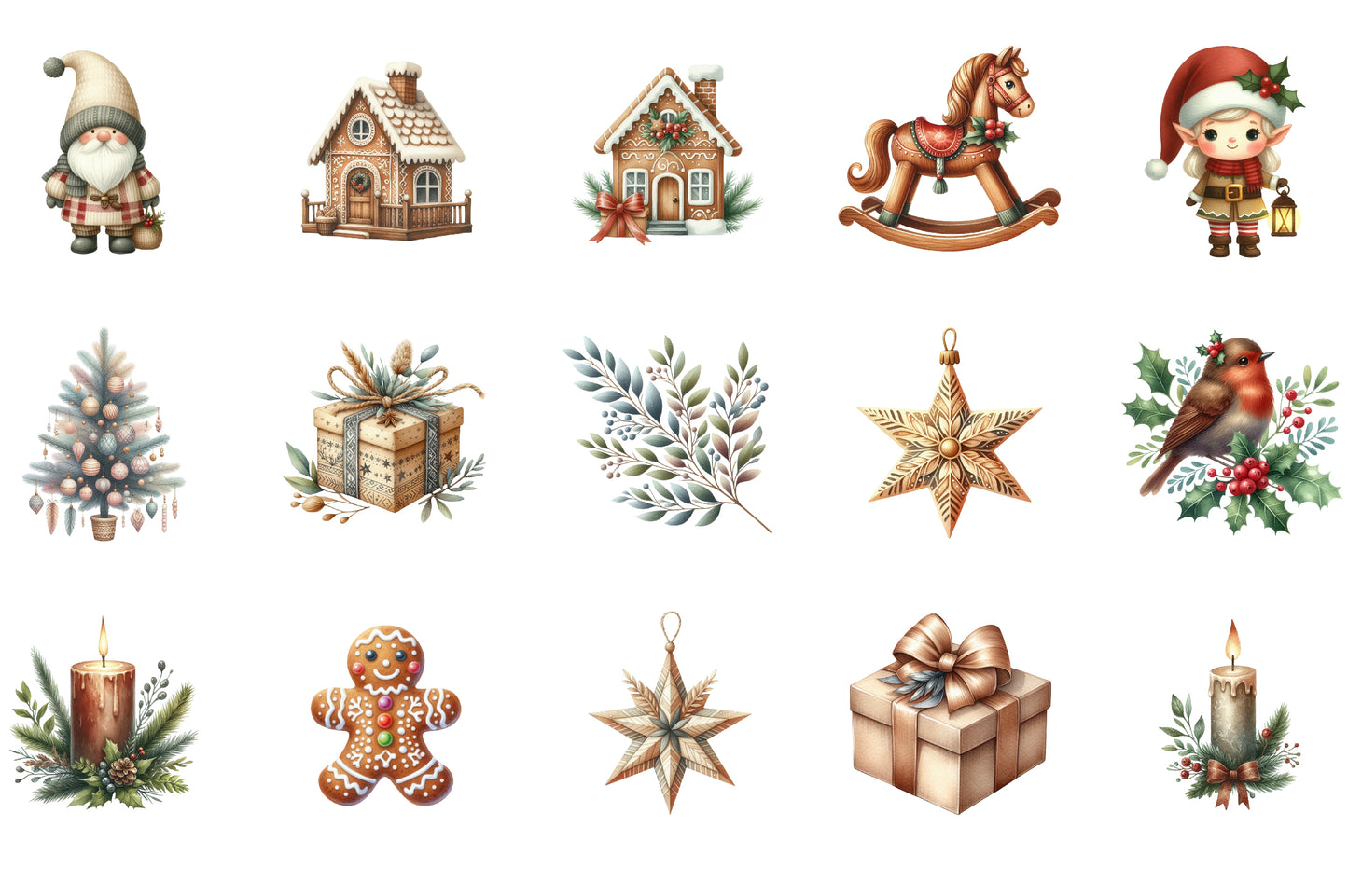 Watercolor Neutral Christmas Clipart PNG Bundle | Cozy Winter Christmas Clipart | Scandinavian Holiday PNG