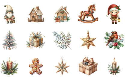 Watercolor Neutral Christmas Clipart PNG Bundle | Cozy Winter Christmas Clipart | Scandinavian Holiday PNG