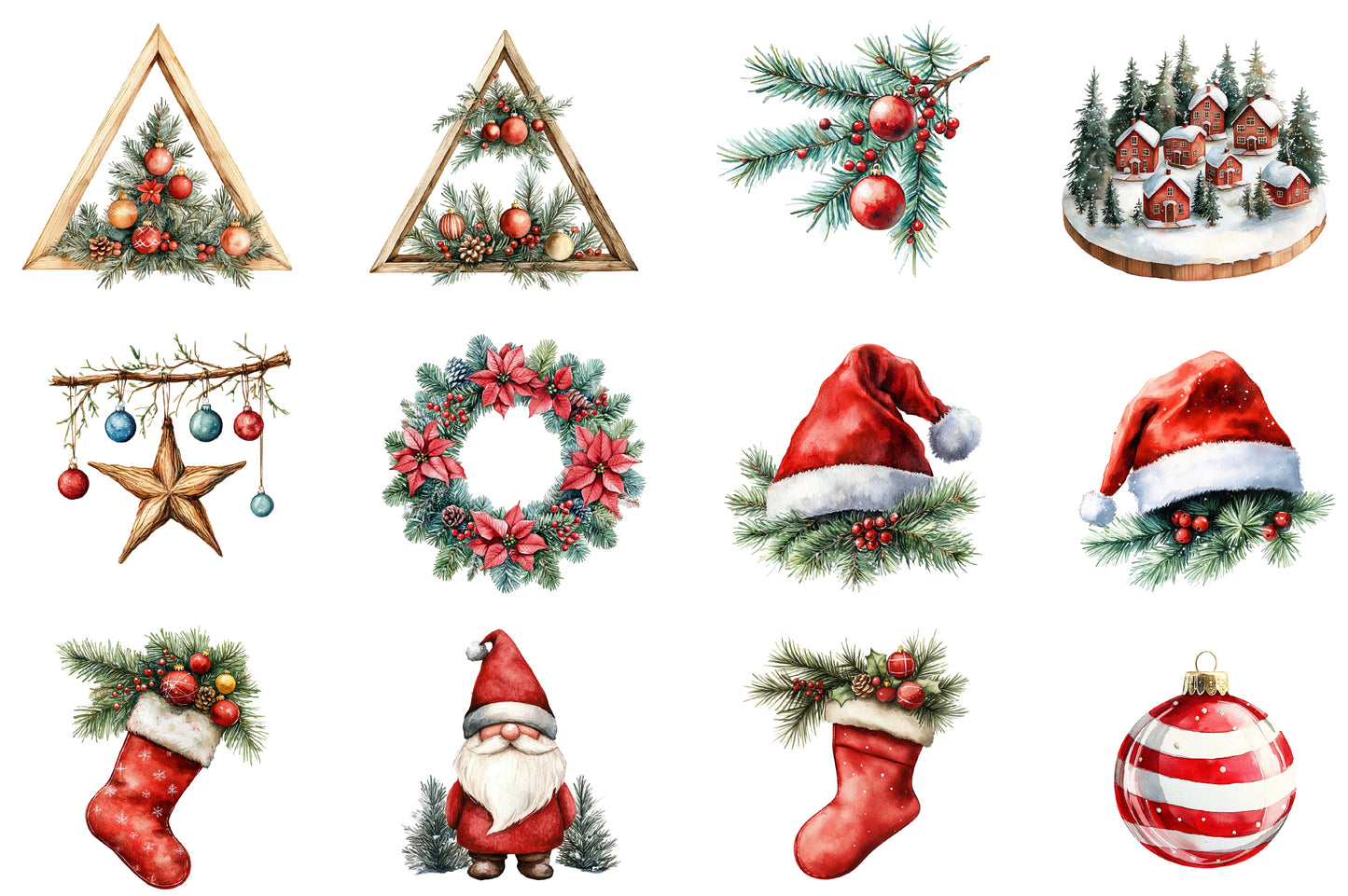 Traditional Christmas Watercolor Clipart PNG Bundle | Christmas Village PNG | Christmas Ornament Sublimation