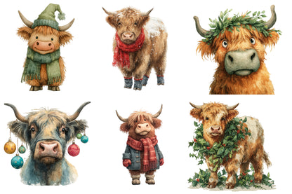 Christmas Highland Cow PNG Clipart Bundle | Watercolor Cute Farmhouse Highland Cow Christmas PNG | Holiday Sublimation
