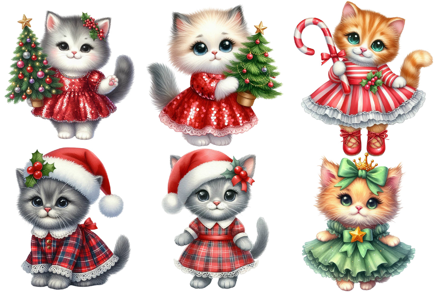 Kitten Christmas Watercolor Clipart PNG Bundle | Cute Christmas Cat PNG | Christmas Kitten Sublimation