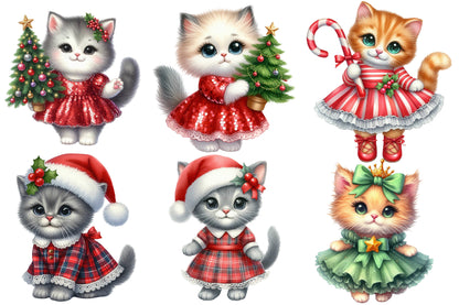 Kitten Christmas Watercolor Clipart PNG Bundle | Cute Christmas Cat PNG | Christmas Kitten Sublimation