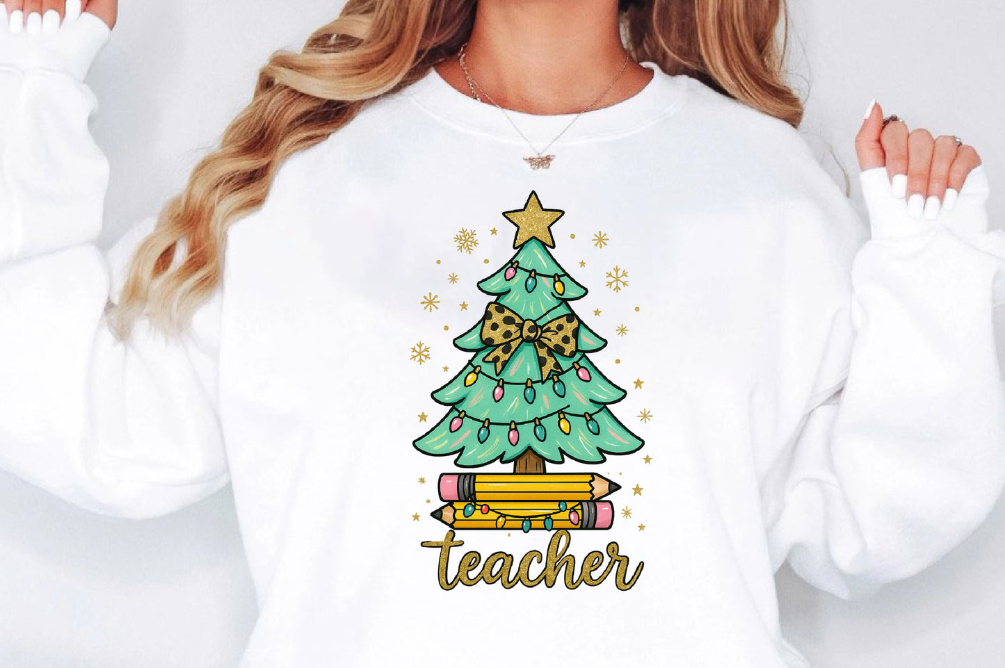Christmas Teacher Tree PNG Leopard Bow School Holiday Design