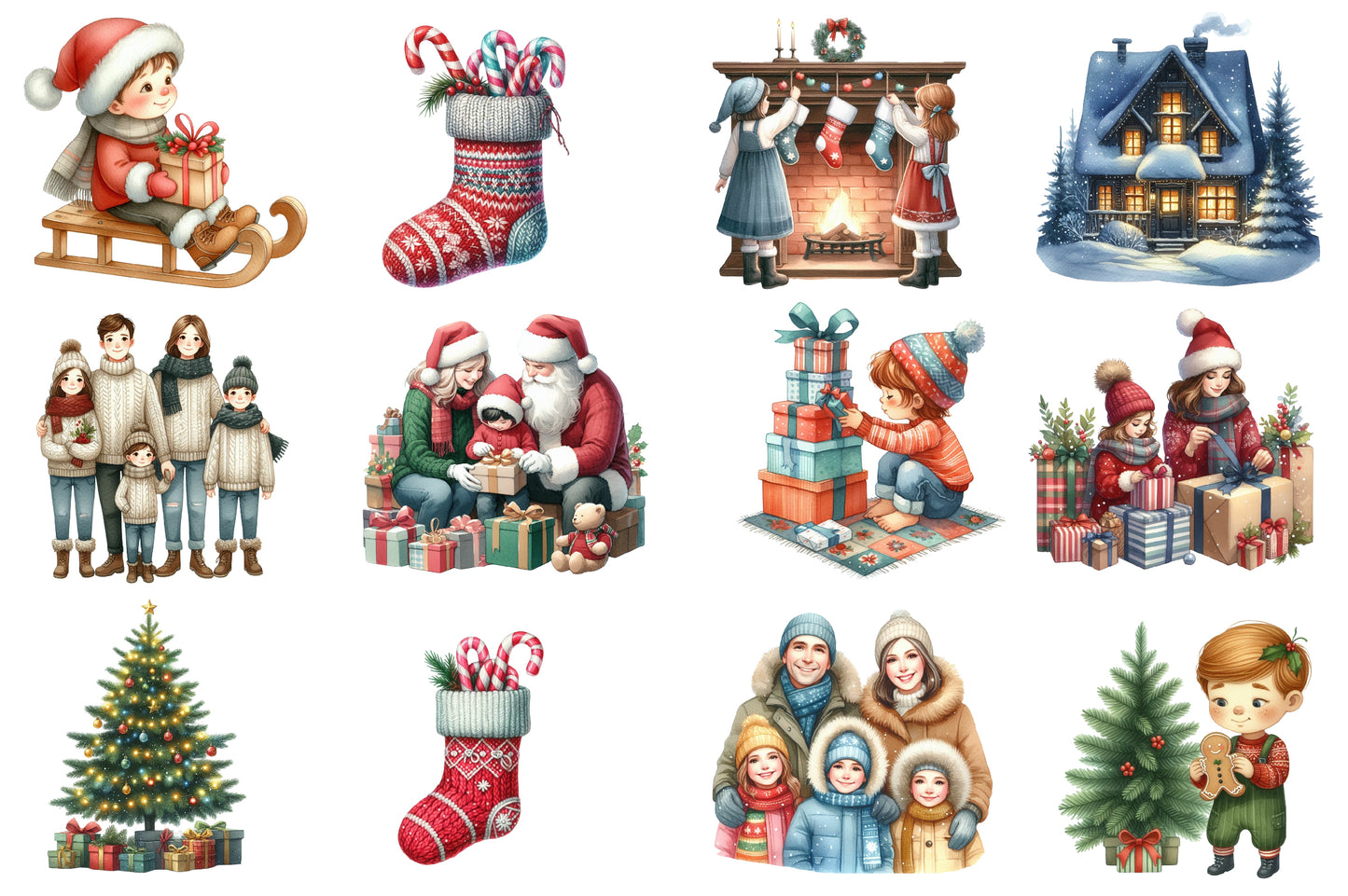 Christmas Winter Families Clipart PNG Bundle | Cozy Family Christmas Watercolor Clipart | Winter Holiday Family Sublimation PNG