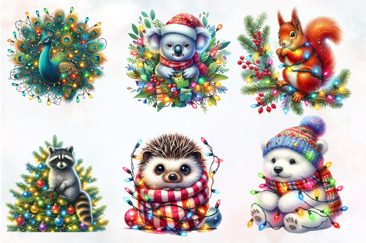 22 Christmas Light Animal PNG Watercolor Clipart Bundle Holiday Animals
