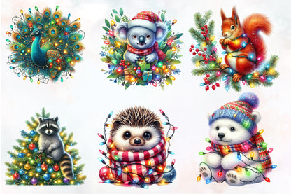 22 Christmas Light Animal PNG Watercolor Clipart Bundle Holiday Animals