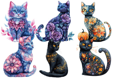Whimsy Halloween Cat Clipart PNG Bundle | Cute Black Cat, Witch Cat, Pumpkin & Ghost Clipart | Spooky Sublimation
