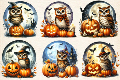 20 Watercolor Halloween Owl PNG Bundle Cute Spooky Owl Pumpkin Clipart