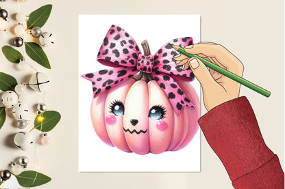 48 Halloween Pink Pumpkin PNG Bundle Leopard Bow Cute Fall Clipart