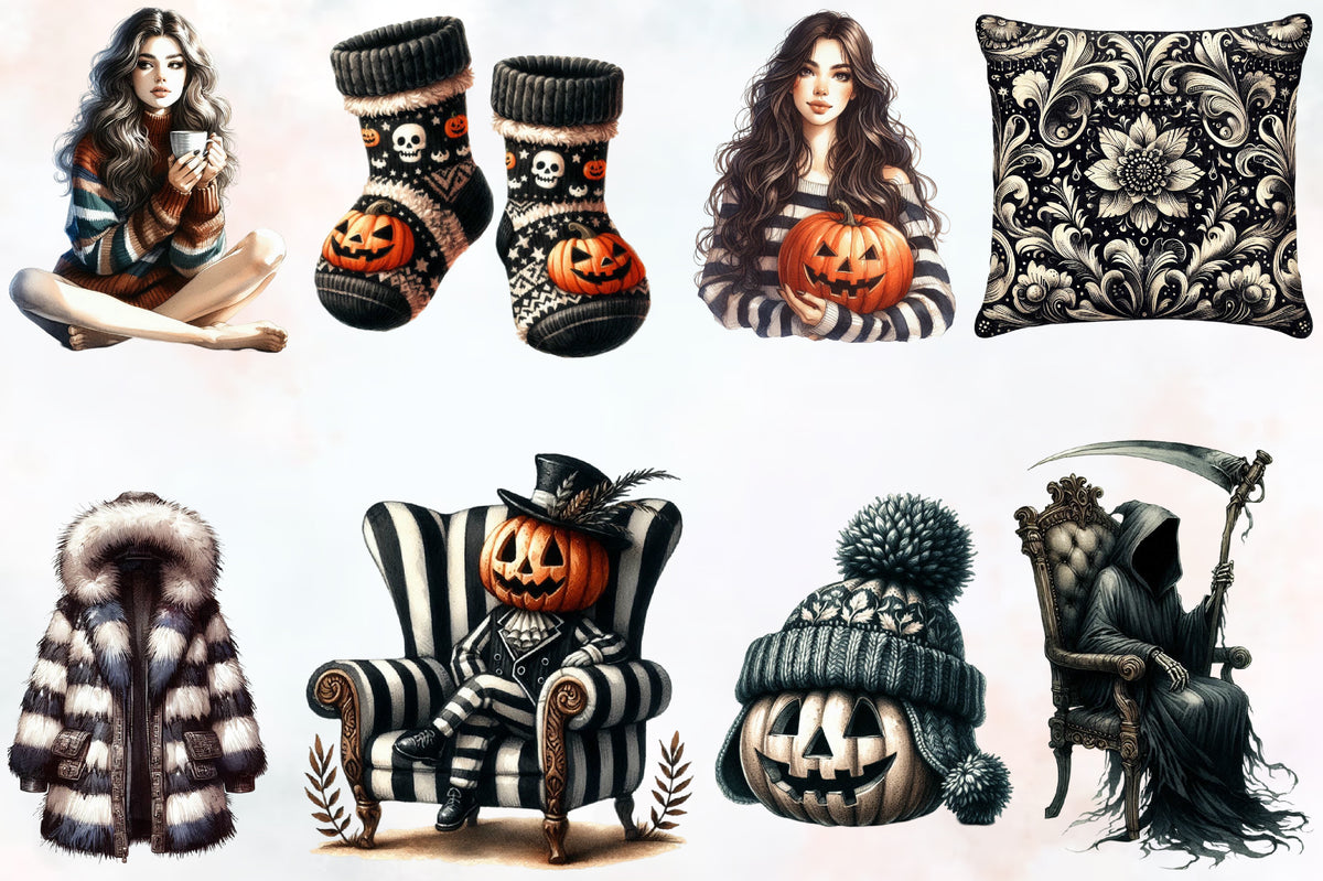 Cozy Halloween PNG Bundle 30 Watercolor Autumn & Halloween Clipart